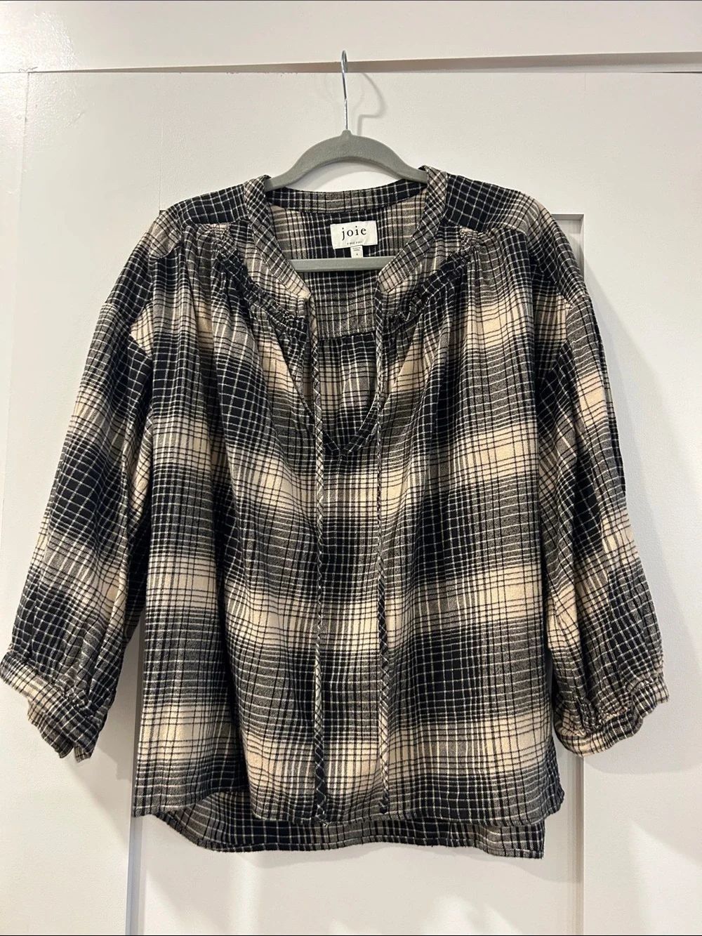 Joie Black and Cream Plaid Tie-Neck Peasant Blouse